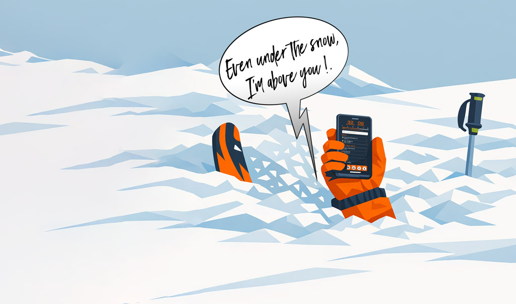 Skier buried in powder snow holding up a phone with Catatrack running