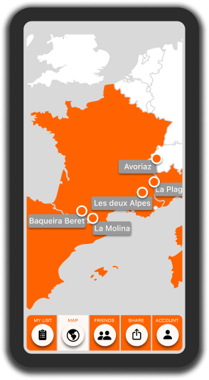 Catatrack map view with ski resort pins across France and Spain highlighted in orange